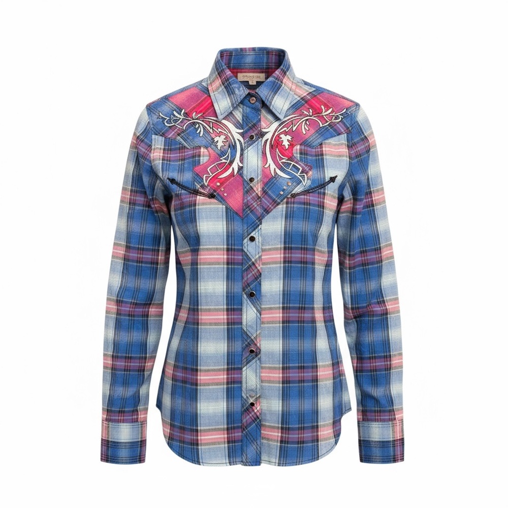 Rock 47 Wrangler Women's Blue and Pink Plaid Button Down Shirt size small - Picture 6 of 8